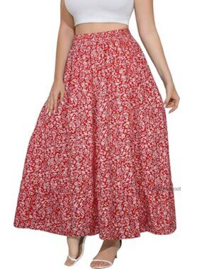 Plus Size Floral Maxi Skirt High Waist A-Line Flowy Swing Tiered